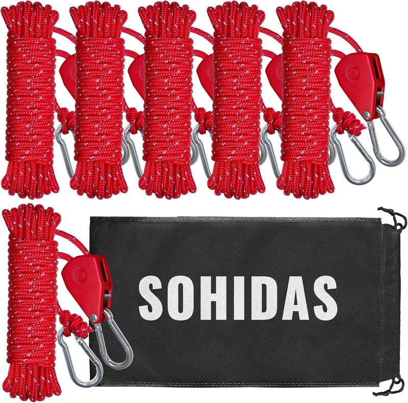 SOHIDAS Camping Rope Reflective Tent Rope Guyline with Ratchet Pulley, Tarp Tie Down Ropes for Tent Tarp, Canopy Shelter, Camping, 13ft Adjustable Guy Line for Canopy Tent 6 Pack Guy Lines Tents Cords - Image 1